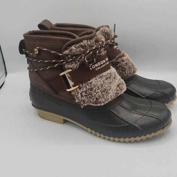 London Fog Willette duck boots in dark brown with faux fur trim women's size 8 - Picture 2 of 6